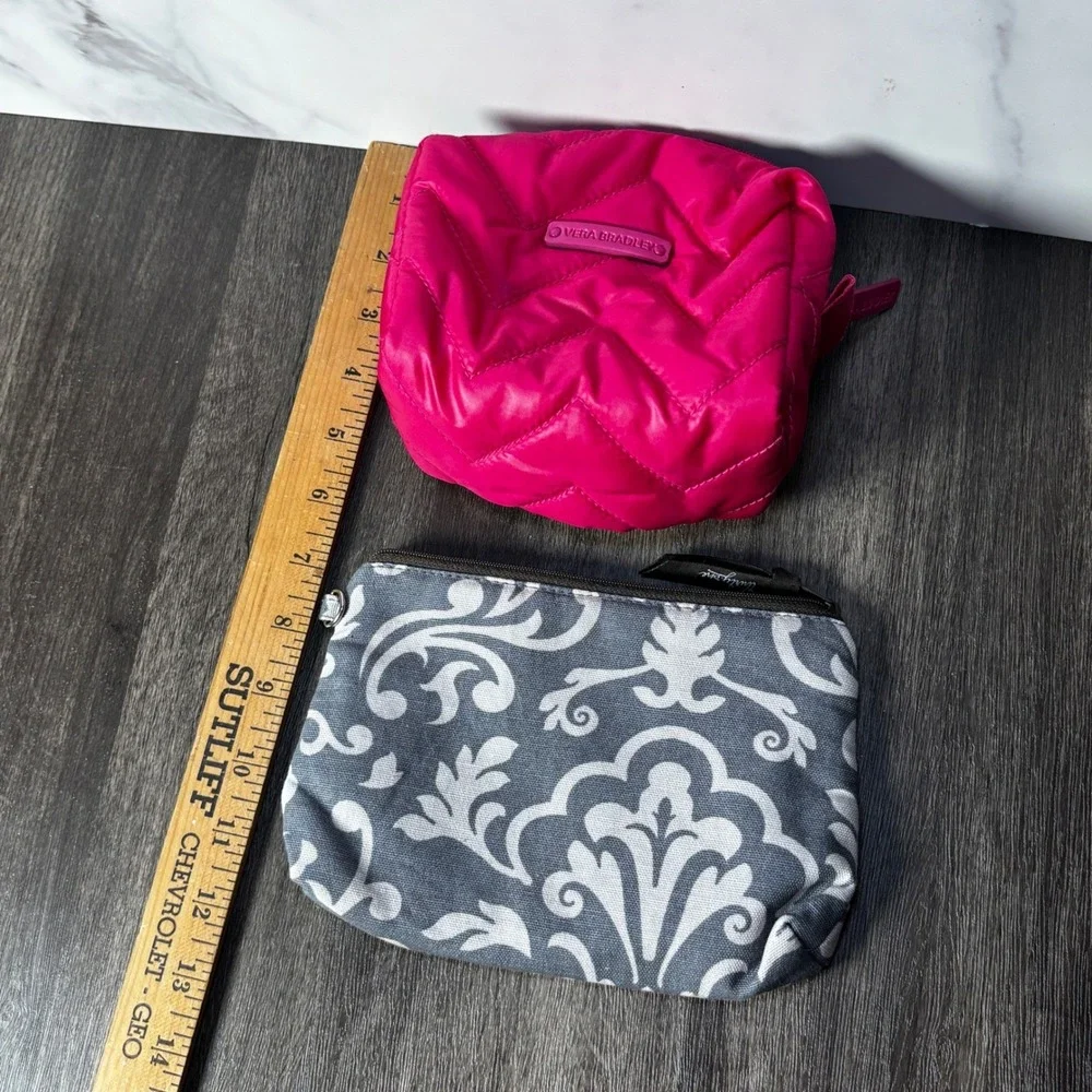 Vera Bradley Puffy Pink Cosmetic Bag & Thirty One Gray Damask Pouch Set, Makeup